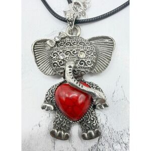 Silver Tone Elephant Pendant Necklace Red Heart Belly Rhinestone Accents Cute